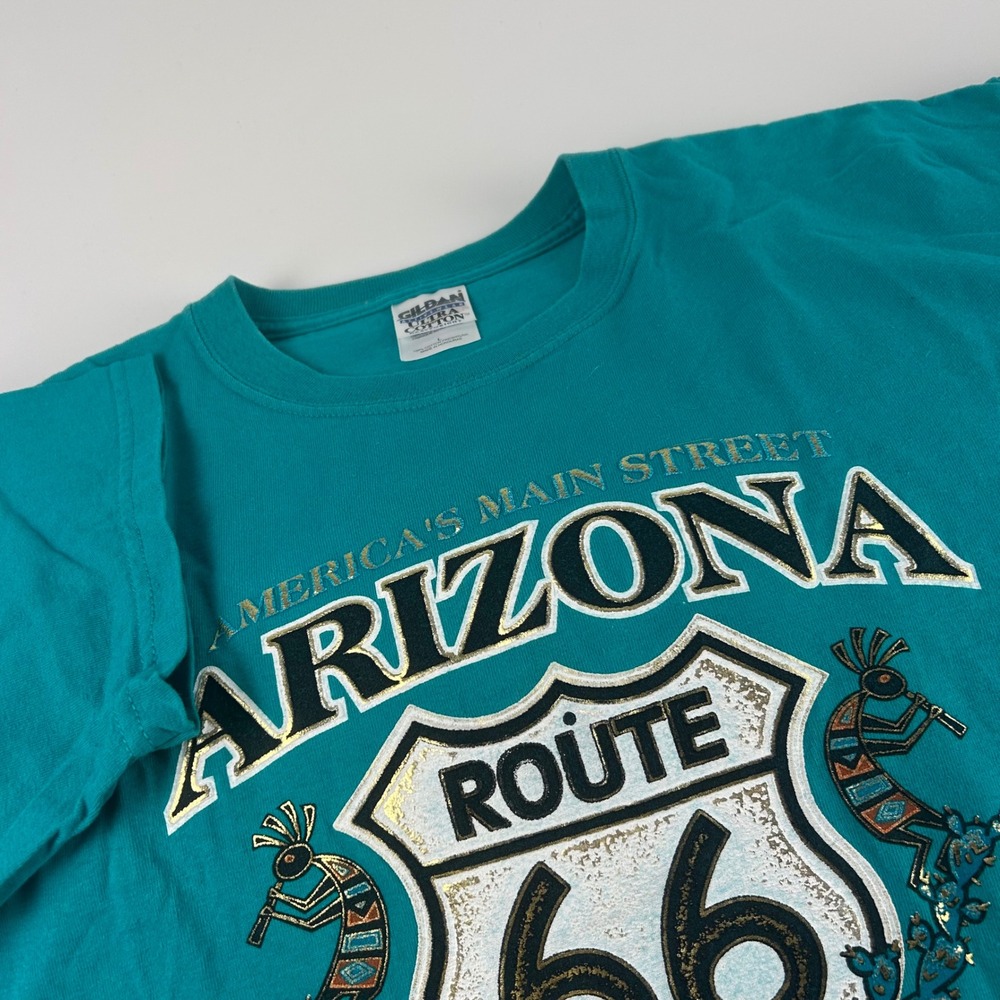 VTG Gilden Mens L Heavyweight Arizona Route 66 Graphic T-Shirt Teal Green Cotton